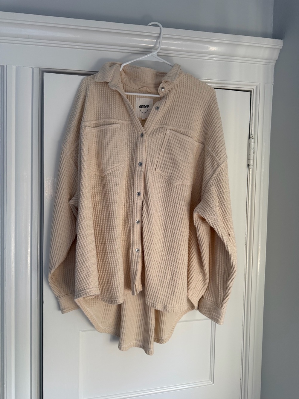 Aerie Beige Waffle Knit Button-Up